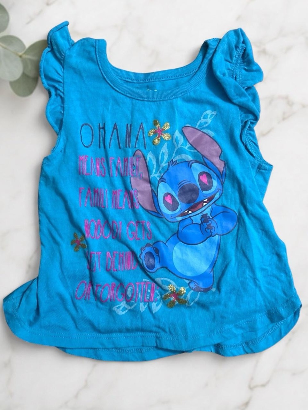 Girls 4T Blue Disney Stitch Ruffle Sleeveless Tank Top Ohana Graphic Tee Soft
